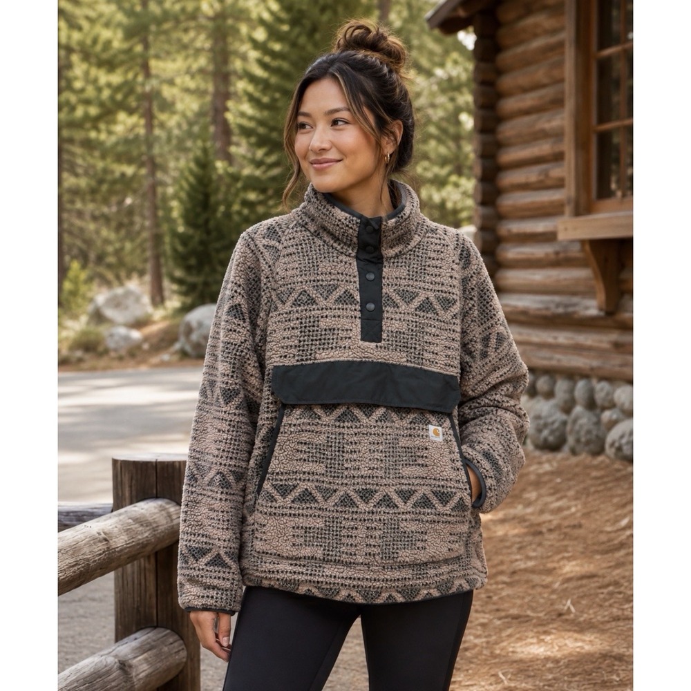 Carhartt Womens Warm Taupe Black Geometric Print Fleece Pullover Jacket Size 2X